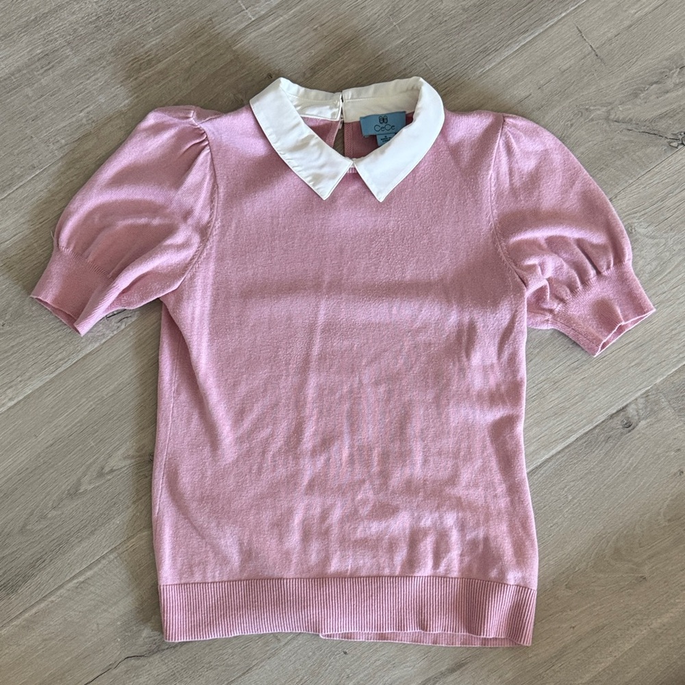 Cece Pink Puff Sleeve knit with White Collar